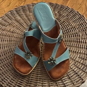 Tsonga Hani Turquoise Blue Sandals with Olive Floral Detail